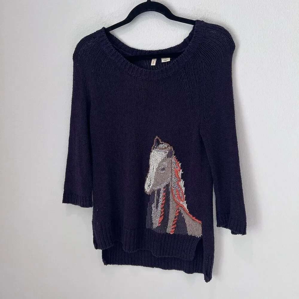Anthropologie Moth Sweater Purple Saddleback Embroidered Horse 3/4 Sleeve Knit S - Picture 2 of 7